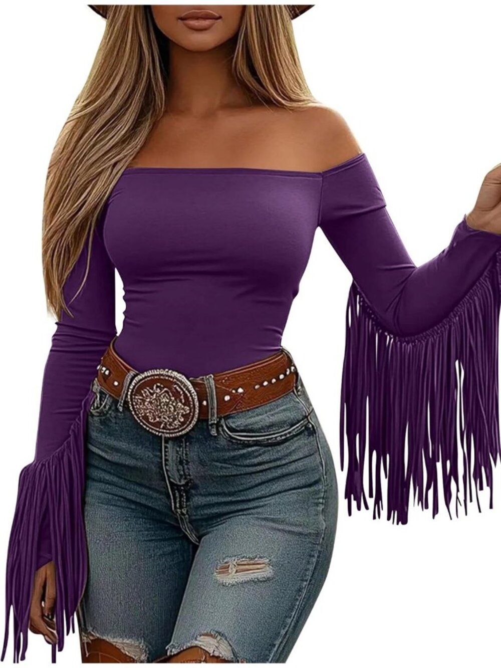 Women's Purple Stretchy Crop Concert Off Shoulder Cowgirl Fringe Tassel Blouses